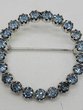 Vintage Circular Rhinestone Brooch With Light Blue Stones & Silver-Tone Setting